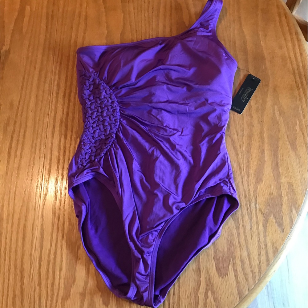 NWT laundry by Shelli Segal 1pc Amethyst 1 shoulder shirred side  swimsuit sz L